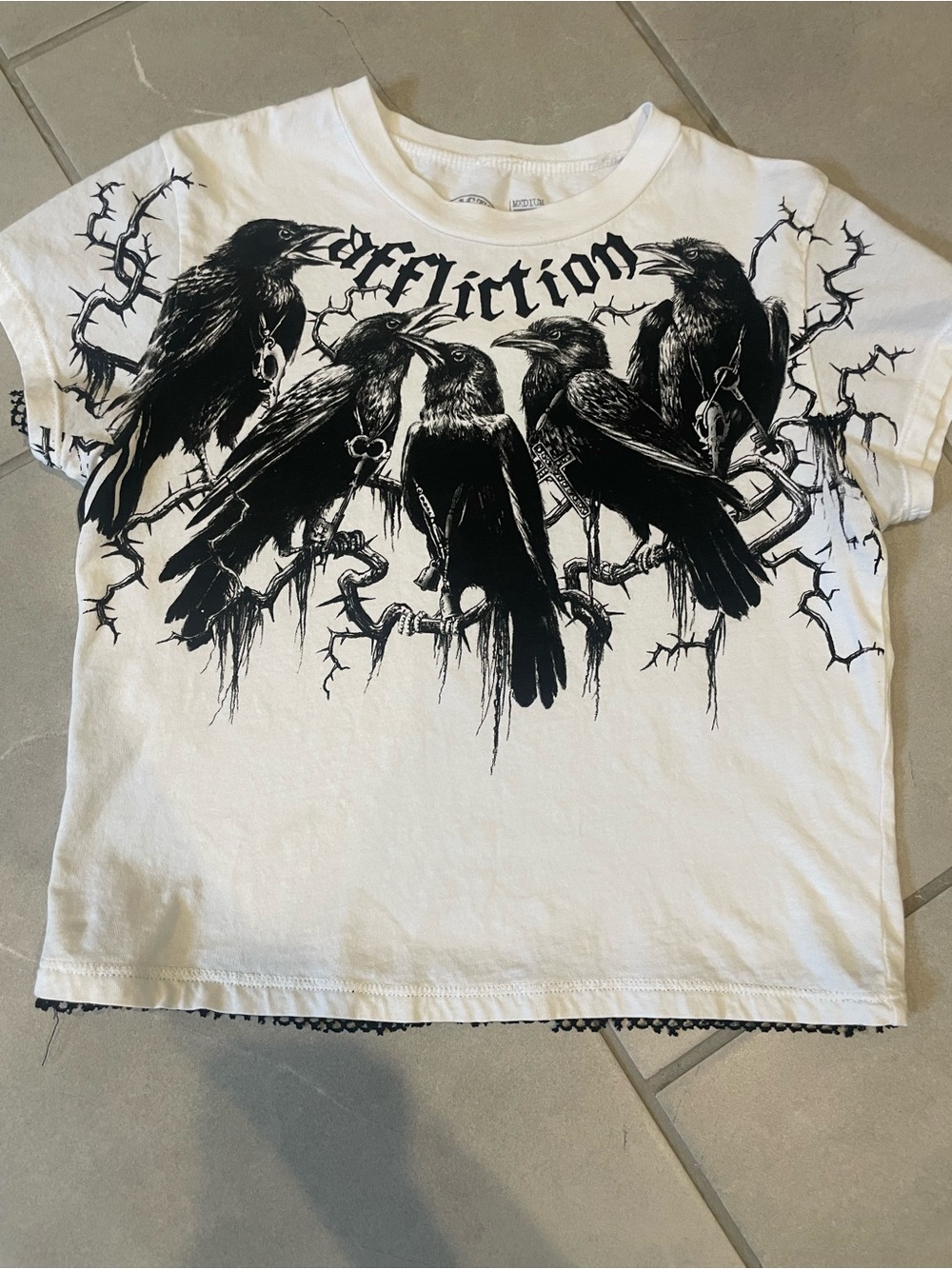 Affliction White Crop Top with Black Raven Graphic